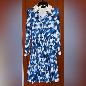 Blue and White Abstract Print Long Sleeve Dress with Rhinestone Collar and Cuffs